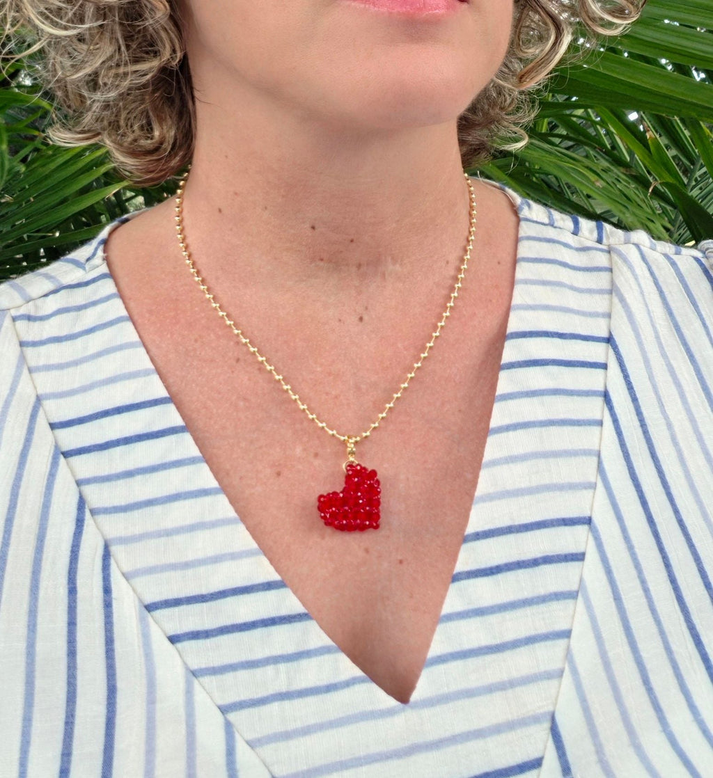 Amor Rouge Necklace in Scarlet Red, worn on model – handwoven Miyuki jewelry by Franchesca Jewels