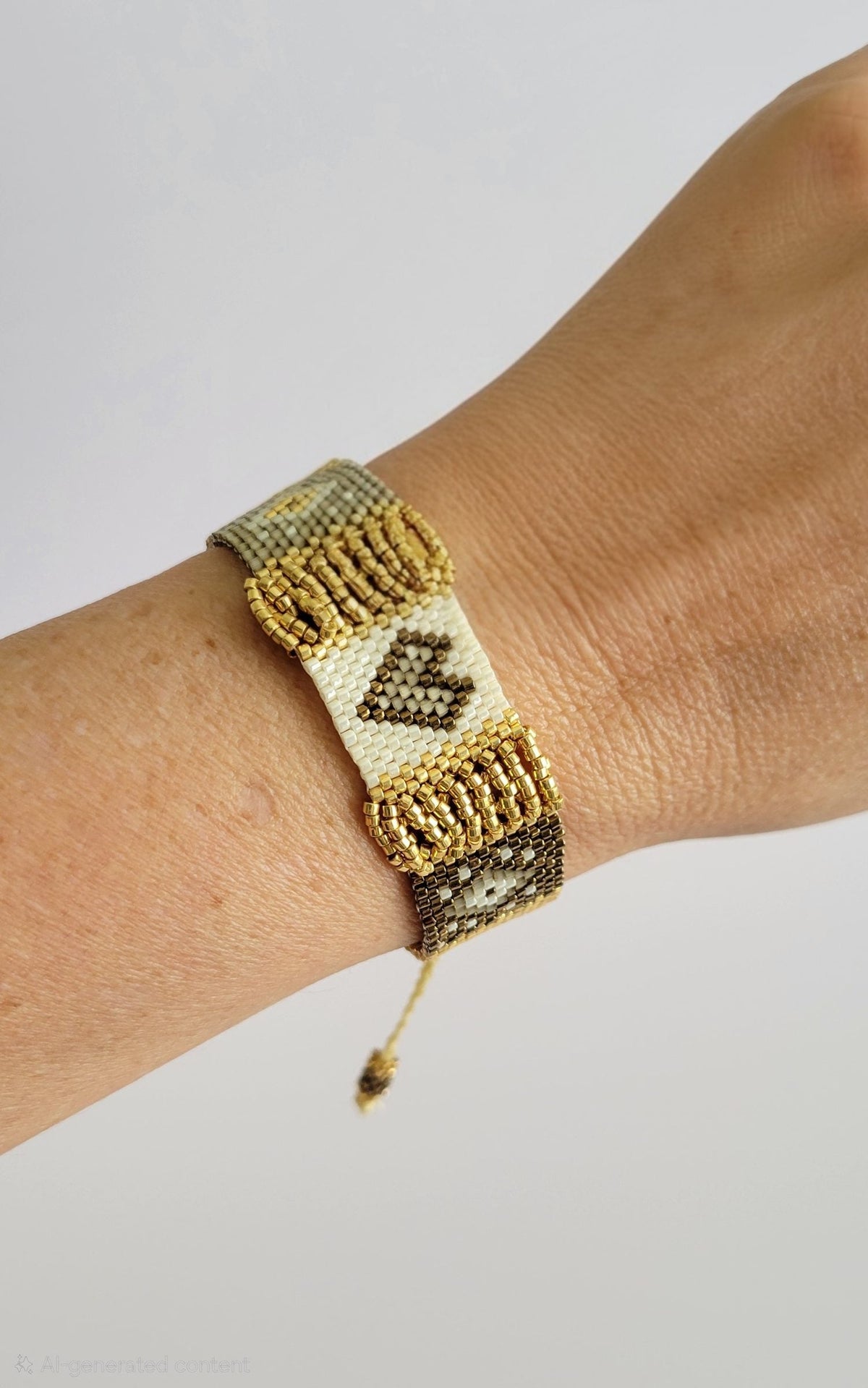 Diamond Heartbeat Bracelet in Coffee Latte, worn on model – handwoven Miyuki jewelry by Franchesca Jewels