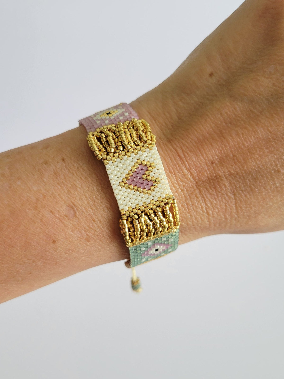 Diamond Heartbeat Bracelet in Rose Satin Silk, worn on model – handwoven Miyuki jewelry by Franchesca Jewels