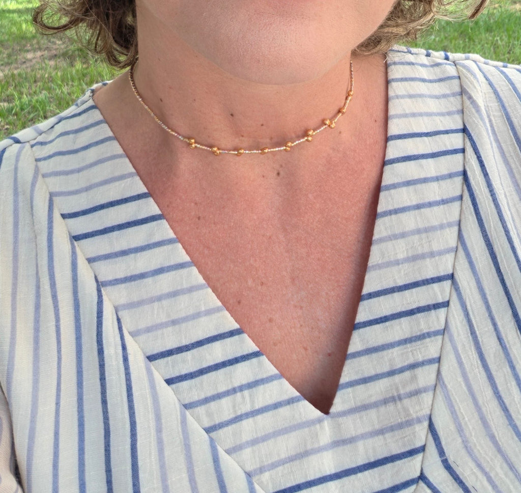 Glow Whisper Choker, worn on model – handwoven Miyuki jewelry by Franchesca Jewels