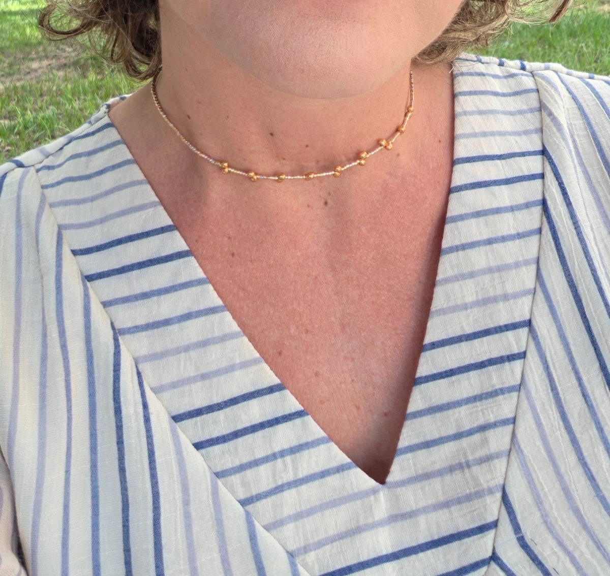 Glow Whisper Choker, worn on model – handwoven Miyuki jewelry by Franchesca Jewels