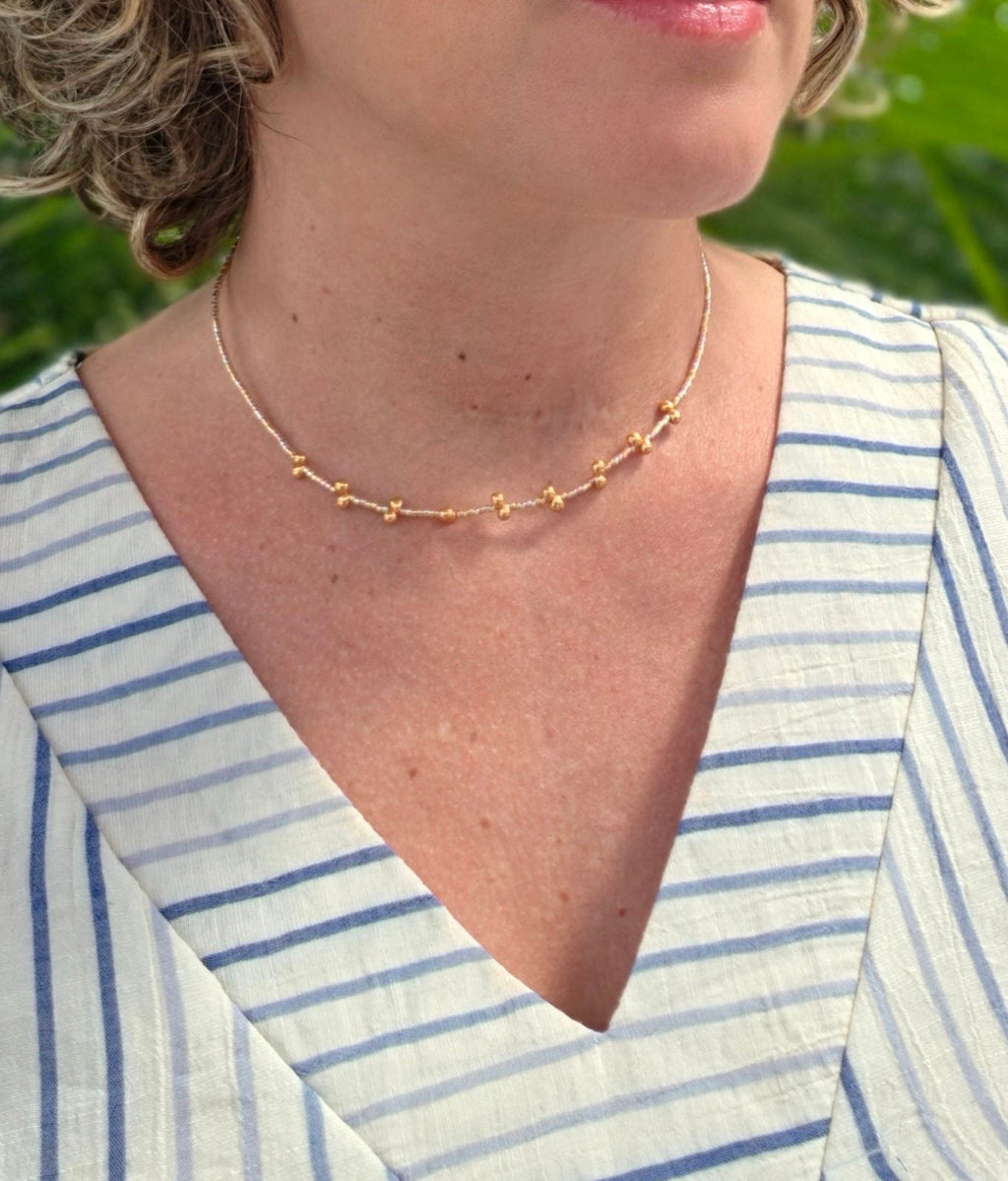 Glow Whisper Choker, worn on model – handwoven Miyuki jewelry by Franchesca Jewels