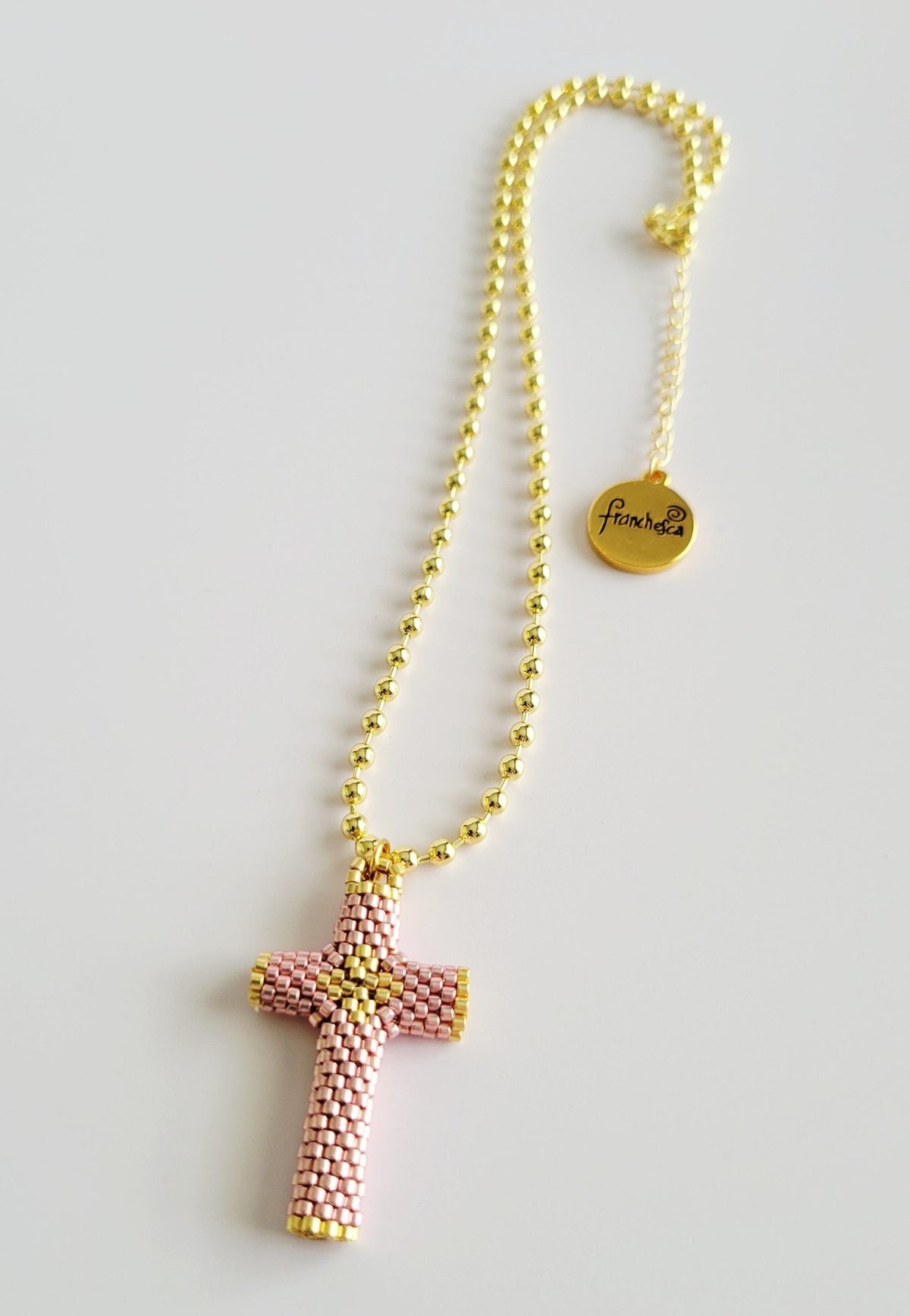 Grace Cross Necklace in Rose Gold, handwoven with Miyuki beads by Franchesca Jewels