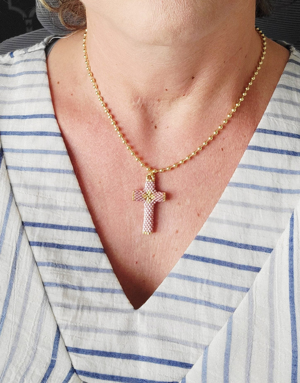 Grace Cross Necklace in Rose Gold, worn on model – handwoven Miyuki jewelry by Franchesca Jewels