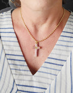 Grace Cross Necklace in Rose Gold, worn on model – handwoven Miyuki jewelry by Franchesca Jewels