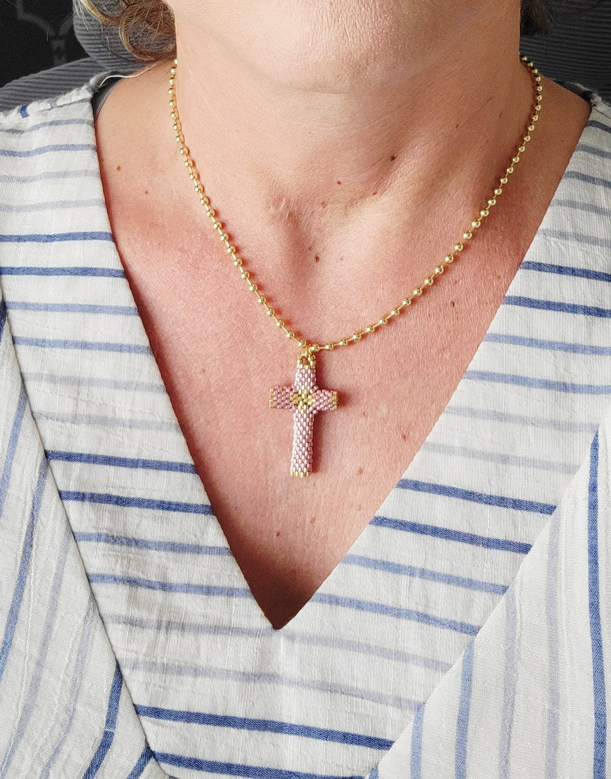 Grace Cross Necklace in Rose Gold, worn on model – handwoven Miyuki jewelry by Franchesca Jewels