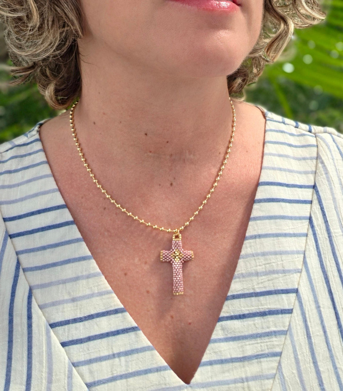 Grace Cross Necklace in Rose Gold, worn on model – handwoven Miyuki jewelry by Franchesca Jewels