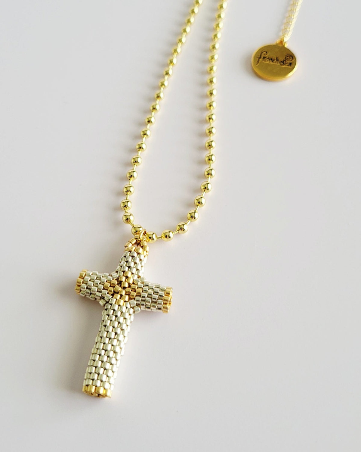 Grace Cross Necklace in Silver Gilded, handwoven with Miyuki beads by Franchesca Jewels