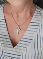 Grace Cross Necklace in Silver Gilded, worn on model – handwoven Miyuki jewelry by Franchesca Jewels