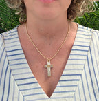 Grace Cross Necklace in Silver Gilded, worn on model – handwoven Miyuki jewelry by Franchesca Jewels
