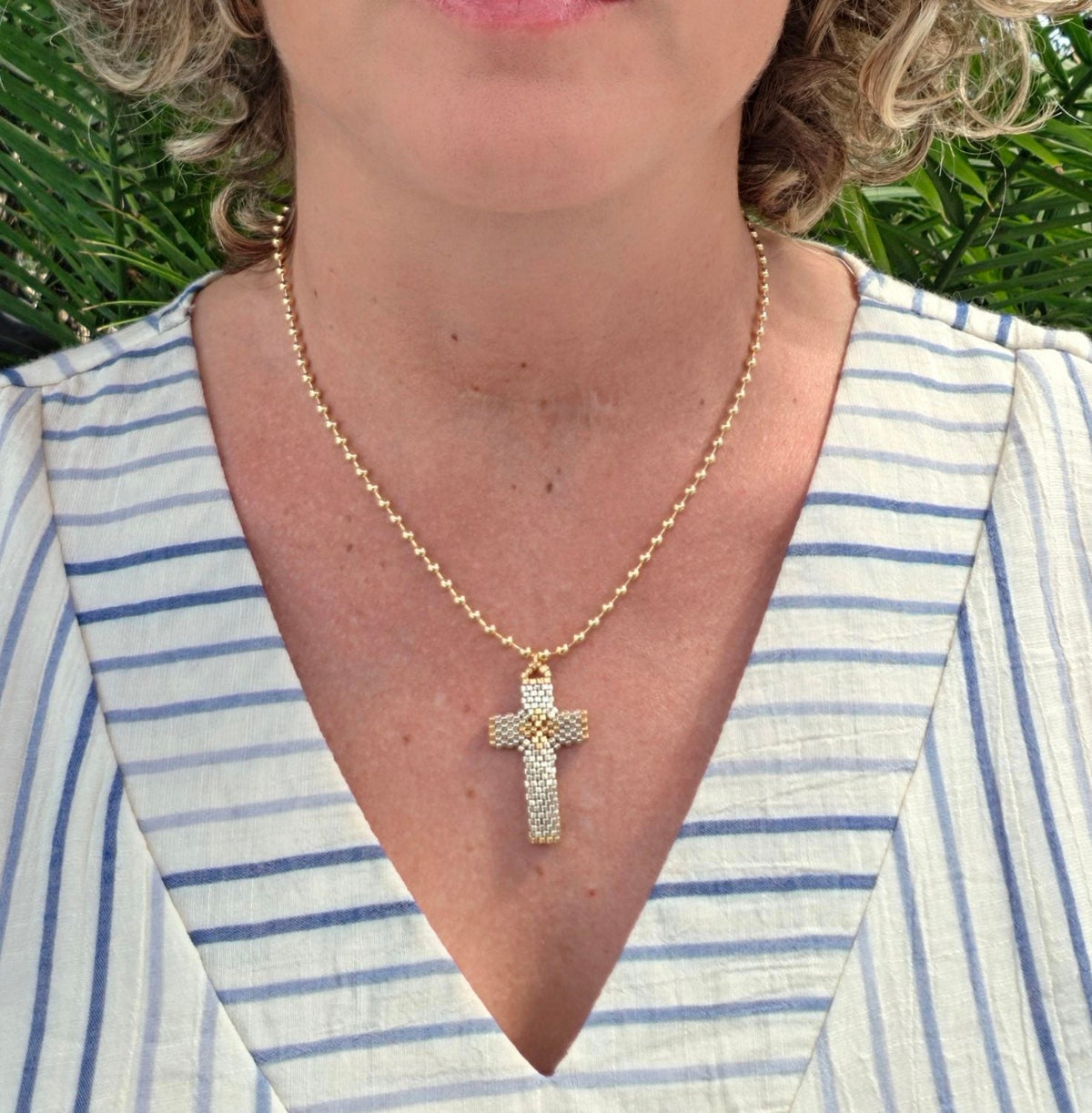 Grace Cross Necklace in Silver Gilded, worn on model – handwoven Miyuki jewelry by Franchesca Jewels