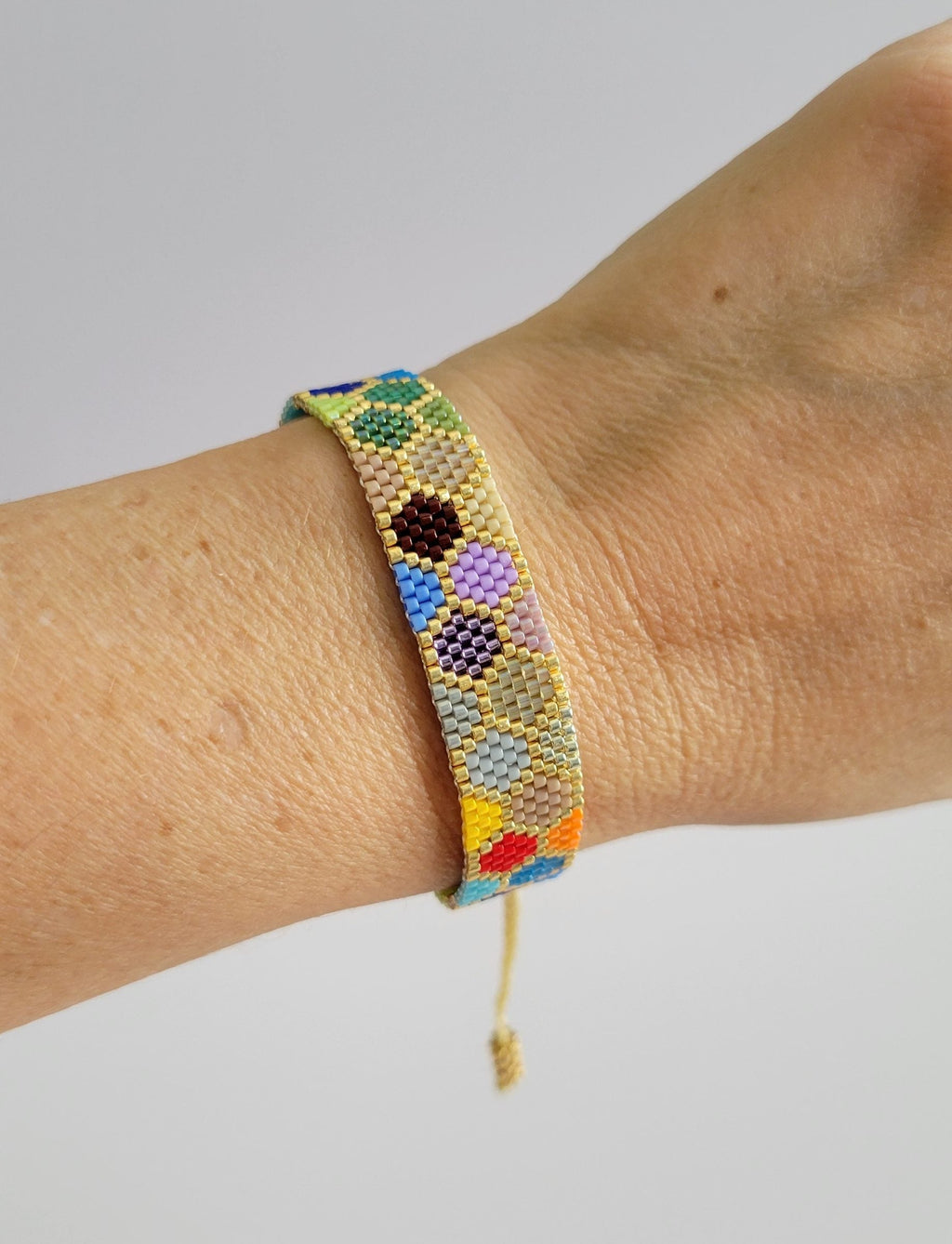 Mosaic Bloom Bracelet, worn on model – handwoven Miyuki jewelry by Franchesca Jewels
