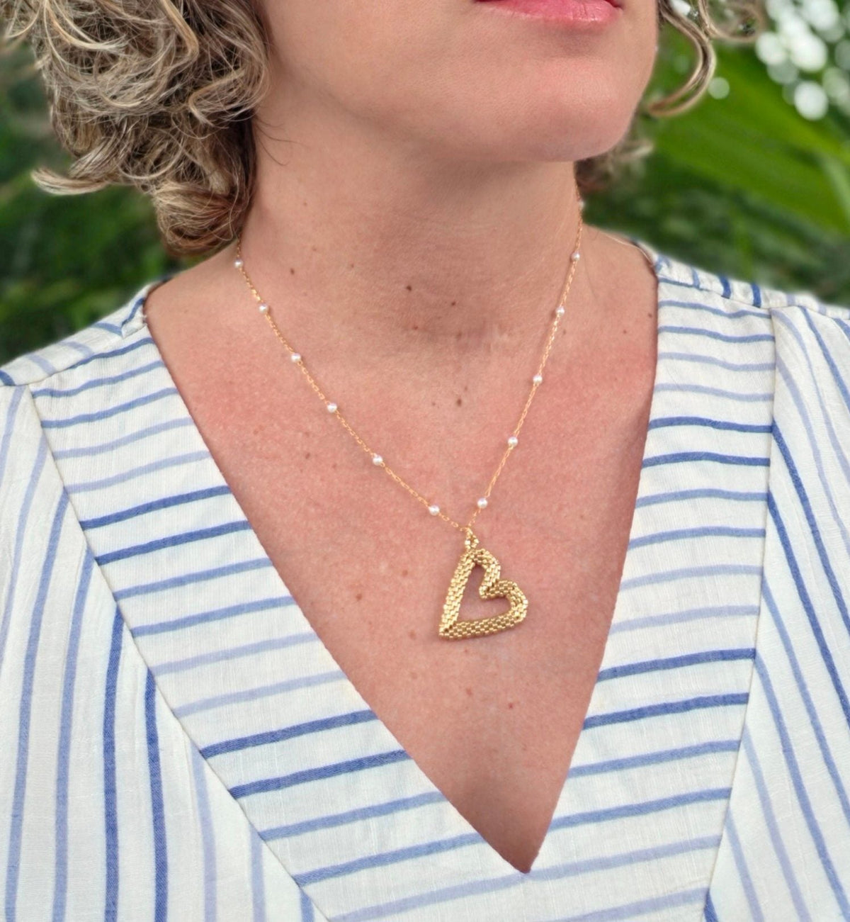 Perfect Heart Necklace in Golden Glow, worn on model – handwoven Miyuki jewelry by Franchesca Jewels