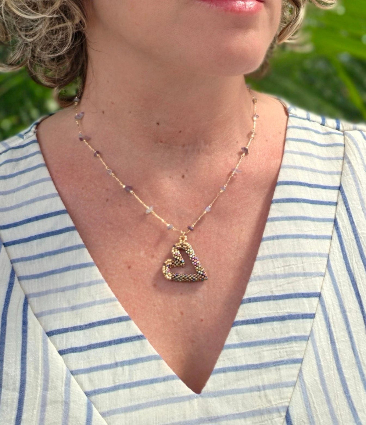 Perfect Heart Necklace in Golden Plum, worn on model – handwoven Miyuki jewelry by Franchesca Jewels