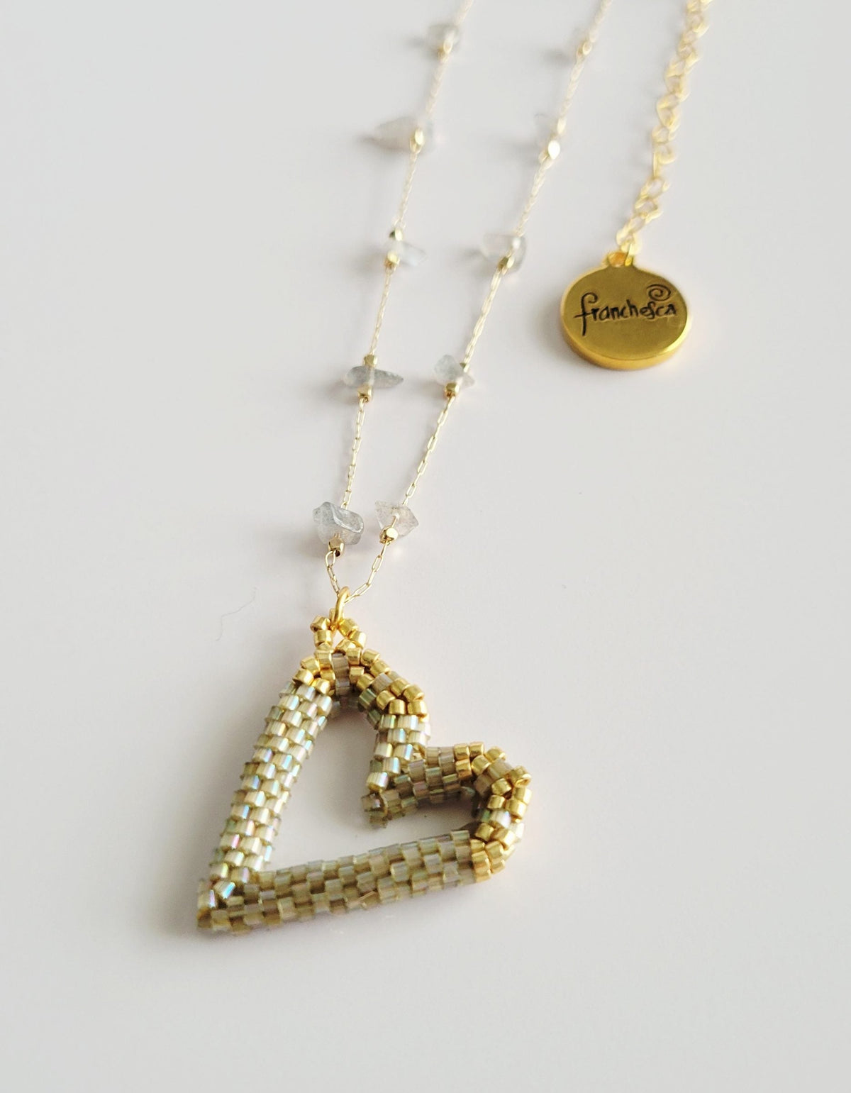 Perfect Heart Necklace in Iridescent Champagne, handwoven with Miyuki beads by Franchesca Jewels