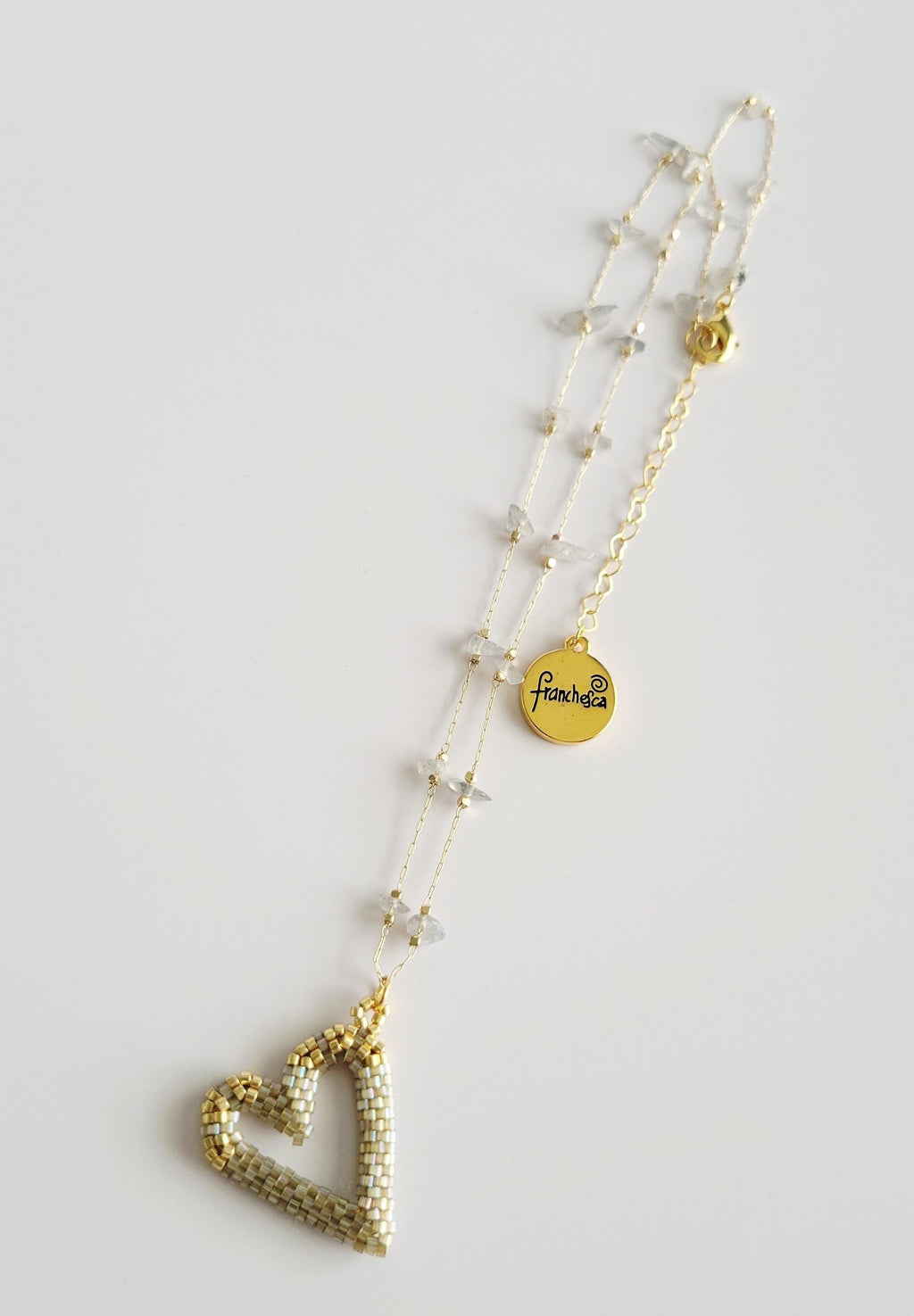 Perfect Heart Necklace in Iridescent Champagne, handwoven with Miyuki beads by Franchesca Jewels