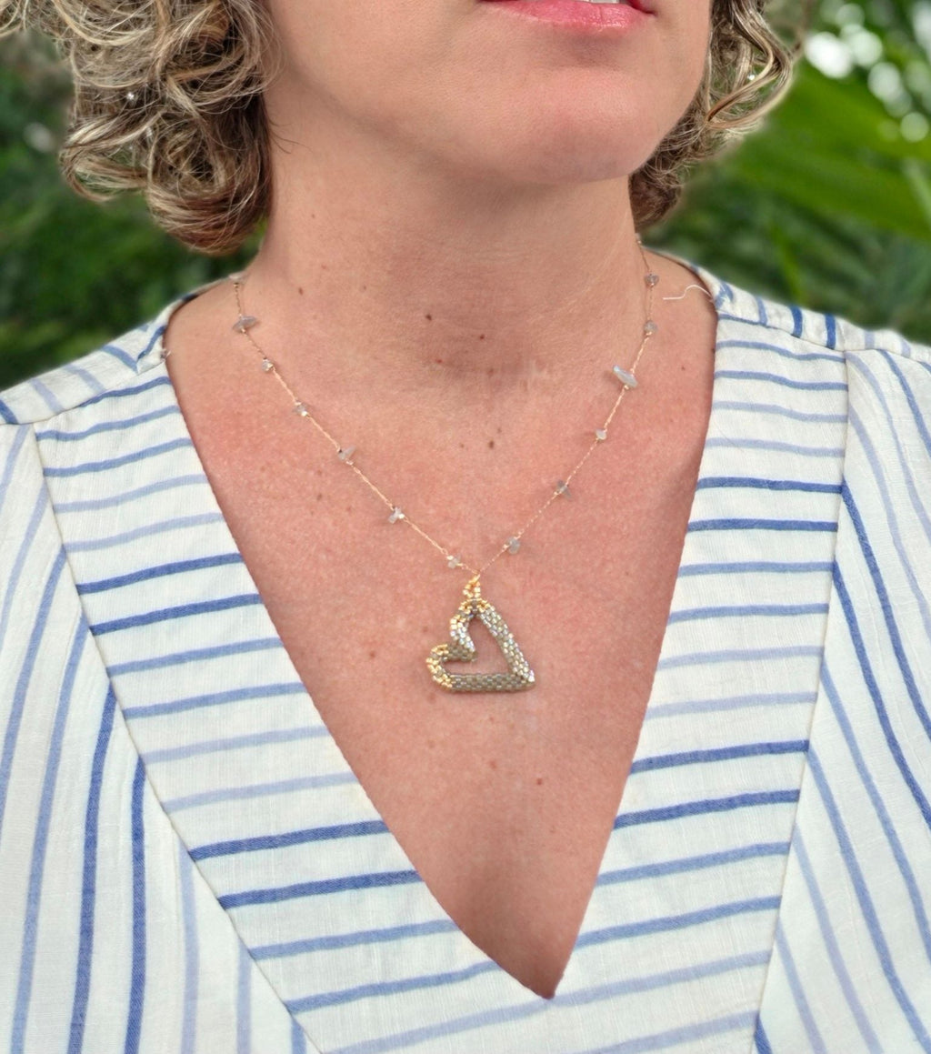 Perfect Heart Necklace in Iridescent Champagne, worn on model – handwoven Miyuki jewelry by Franchesca Jewels