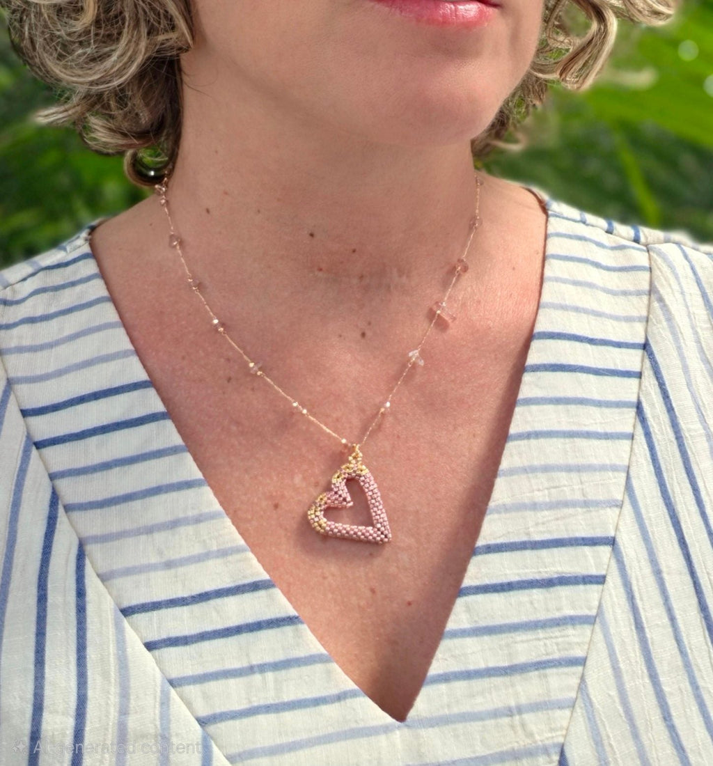 Perfect Heart Necklace in Rose Gold, worn on model – handwoven Miyuki jewelry by Franchesca Jewels