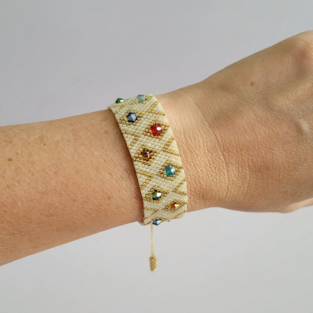 Rainbow Royale Bracelet, worn on model – handwoven Miyuki jewelry by Franchesca Jewels