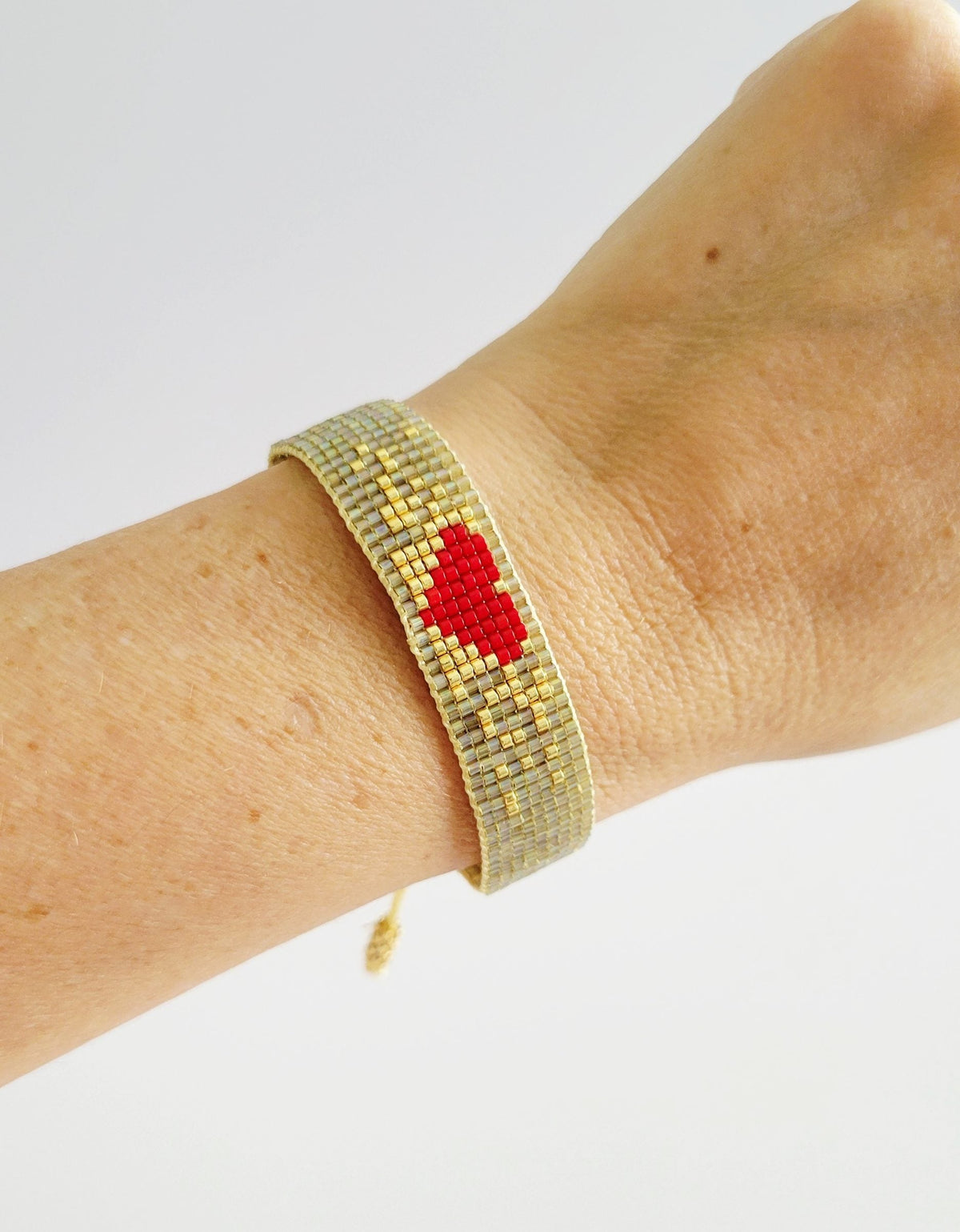 Ruby Heart Bracelet, worn on model – handwoven Miyuki jewelry by Franchesca Jewels