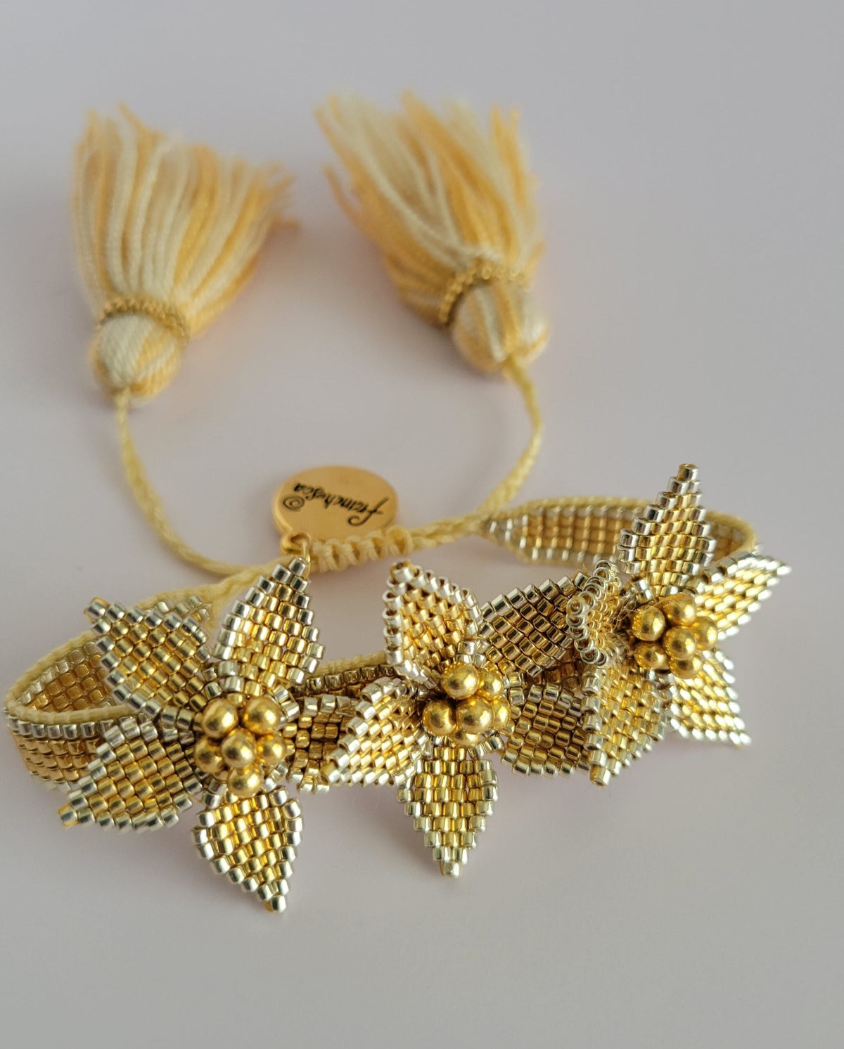 Three Flowers With Tassels Bracelet – Golden with silver | Handmade jewelry by Franchesca Jewels